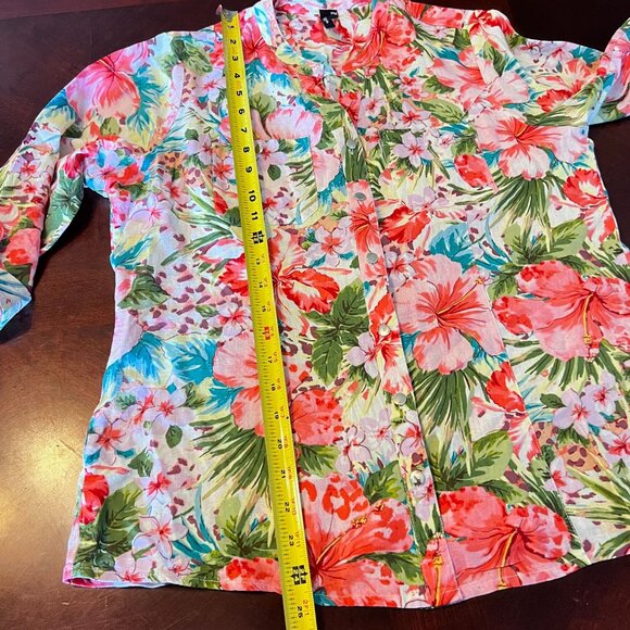 Cathy Petite‎ PM Floral Button-Up Shirt  3/4 Sleeve tropical print - Picture 9 of 10